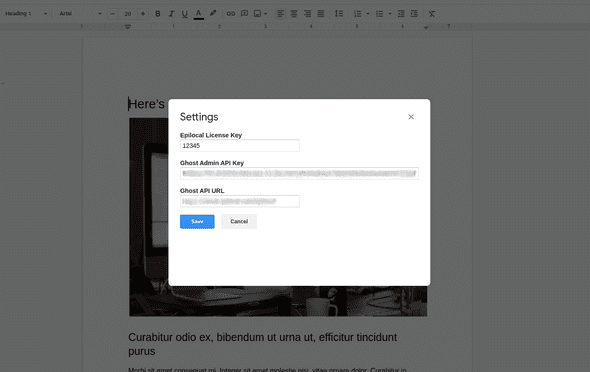 Docs to Ghost Settings in Google Docs